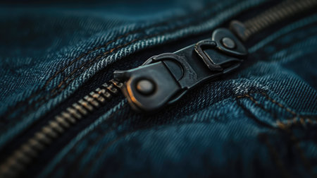 Detailed close-up of a metal zipper on denim fabric, highlighting the texture and craftsmanship of stylish clothing, perfect for fashion and clothing design themes.の素材