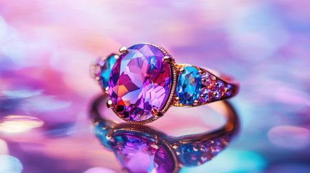A close-up view of a beautiful rose gold ring featuring sparkling purple and blue gemstones, set against a colorful, dreamy background that enhances its elegance and charm.の素材