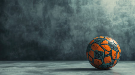 A striking orange soccer ball rests on a textured surface, surrounded by a moody background, ideal for capturing the essence of sports and playful energy in various creative projects.の素材