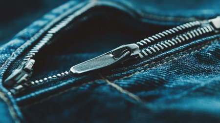 A detailed close-up of a metal zipper on blue denim, highlighting the stitching and texture, perfect for fashion, clothing, and textile-related projects.の素材