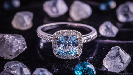Stunning blue gemstone ring adorned with sparkling crystals on dark surface, showcasing elegance and sophistication ideal for high-end jewelry promotions and luxury displays.の素材