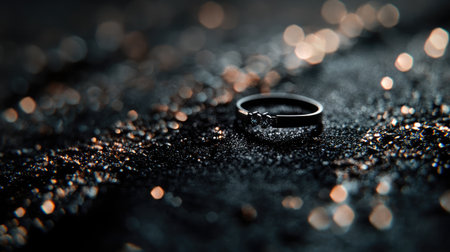 This image features a close-up view of a simple engagement ring, beautifully highlighted by a sparkling backdrop that evokes feelings of romance and love.の素材