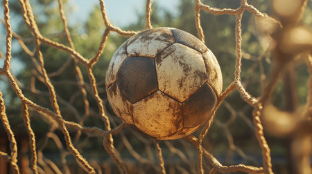 A close-up of a dirty soccer ball caught in a net, illuminated by sunlight, highlighting the essence of playful outdoor sports and community engagement in a natural environment.の素材
