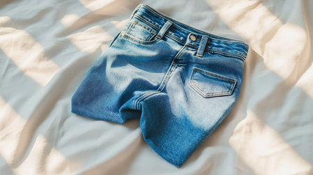 Bright blue denim shorts laid out on soft fabric create a warm, inviting scene perfect for summer outfits and casual fashion inspiration in a serene indoor environment.の素材