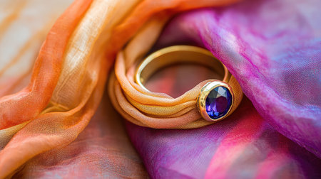 A stunning golden ring featuring a purple gemstone set against a vibrant silk scarf, creating a beautiful contrast of colors and textures in this elegant composition.の素材