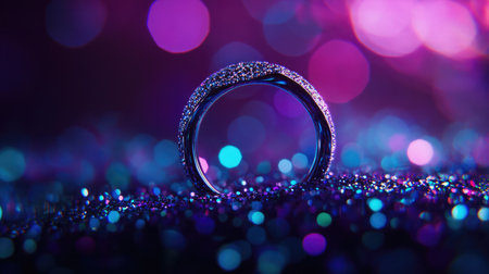 Stunning close-up of a dazzling diamond ring with intricate design, set against a backdrop of colorful bokeh lights, perfect for themes of elegance and luxury.の素材