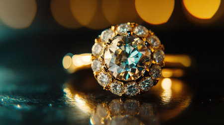 A stunning gold ring featuring a large diamond at the center, surrounded by smaller stones, shines brilliantly against a soft golden bokeh background, making it perfect for luxury fashion.の素材
