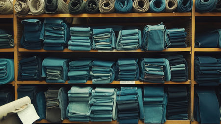 A vibrant display of neatly rolled fabrics in various shades of blue stored on wooden shelves in a textile shop, perfect for design projects and creative inspiration.の素材