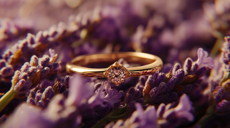 A stunning rose gold engagement ring featuring a diamond center stone surrounded by beautiful lavender flowers, symbolizing love and elegance in a natural setting.の素材