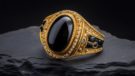 Beautifully crafted gold ring featuring a striking black gemstone, perfect for fashion enthusiasts seeking elegance and luxury in jewelry.の素材