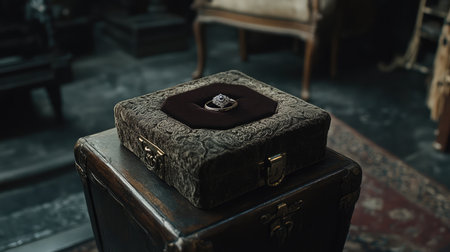 A beautifully crafted vintage box with an exquisite design, featuring a decorative ring placed on a plush cushion, set in a charming, dimly lit antique environment.の素材