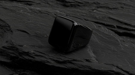A striking black ring sits prominently on a dark slate surface, highlighting its sleek design and minimalist aesthetic for high-quality jewelry and fashion photography needs.の素材