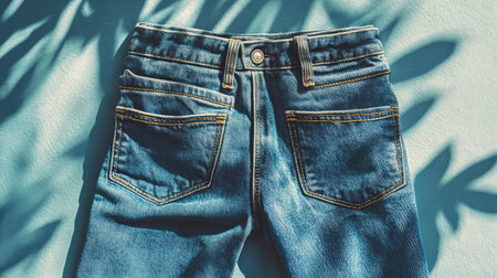 A pair of blue denim jeans displayed artistically against a light backdrop, showcasing pocket details and casting natural shadows for a trendy fashion aesthetic.の素材