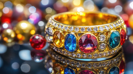 A beautifully crafted golden bracelet adorned with colorful gemstones and sparkling diamonds, set against a backdrop of vibrant jewelry. Perfect for showcasing elegance and luxury.の素材