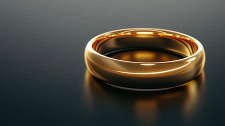 A stunning golden wedding ring with a sleek design, resting on a reflective surface, ideal for showcasing themes of love, commitment, and elegance for various uses.の素材