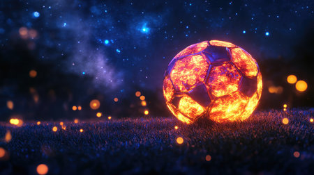 A stunning image of a soccer ball glowing with fiery energy set against a night sky, surrounded by magical sparks, evoking a sense of excitement and adventure.の素材