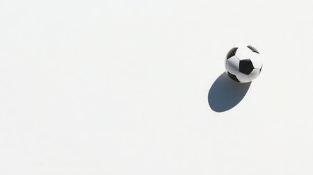 A striking image of a single black and white soccer ball set against a clean white background, emphasizing its shadow and ideal for sports-related graphics or themes.の素材