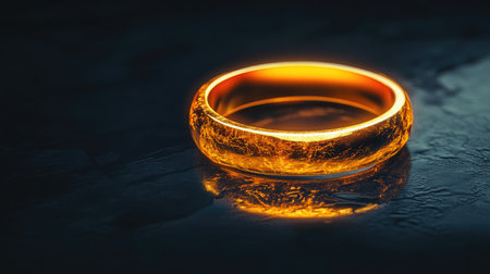 Exquisite close-up of a golden ring positioned on a dark surface, highlighting its intricate textures and stunning reflections, perfect for luxury jewelry showcases.の素材