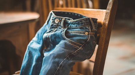 A pair of casual denim jeans drapes over a wooden chair, capturing a serene moment in a cozy, rustic setting illuminated by soft natural light, perfect for fashion showcases.の素材