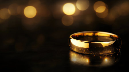 A beautifully polished gold wedding band rests on a reflective surface, surrounded by soft bokeh lights, symbolizing love and commitment in an elegant atmosphere.の素材