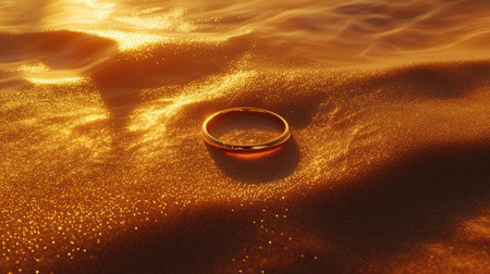 A beautiful gold ring rests on a sun-kissed beach, capturing the essence of romance and tranquility. The sparkling sand and glowing sunset create a magical atmosphere.の素材