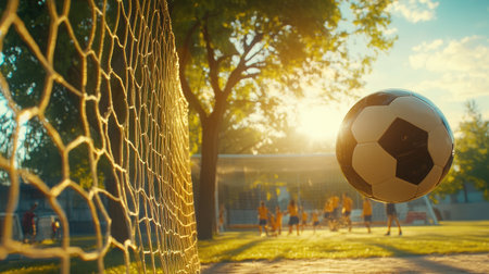 A dynamic scene featuring a soccer ball in flight toward the goal at sunset, capturing the essence of youth sports and the joy of teamwork in an outdoor setting.の素材