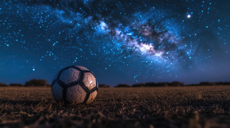 A solitary soccer ball sits on a grassy field under a breathtaking starry night sky, highlighting the beauty of the universe and the spirit of sportsmanship in a serene atmosphere.の素材
