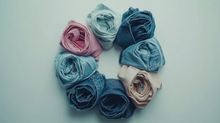 A creative display of rolled denim and fabric arranged in a circular pattern, showcasing an array of colors and textures ideal for fashion enthusiasts and designers seeking inspiration.の素材