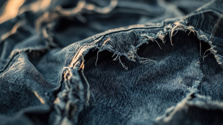 This close-up image of frayed denim captures the intricate textures and rips, making it ideal for showcasing fashion, textile artistry, and rustic aesthetics.の素材