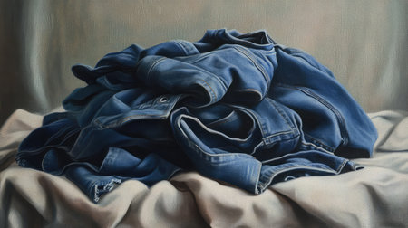 A visually captivating still life artwork featuring a pile of blue denim jeans arranged on a soft beige fabric, highlighting the textures and cozy aesthetic of everyday clothing.の素材