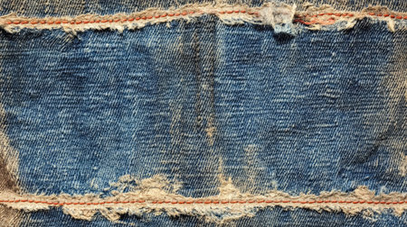 This image showcases a close-up of worn blue denim fabric, featuring frayed edges and a distressed look, perfect for fashion design or textile art projects.の素材