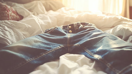 A pair of casual blue jeans laid on an unmade bed, bathed in soft natural light, creating a relaxed and cozy atmosphere perfect for lifestyle photography.の素材