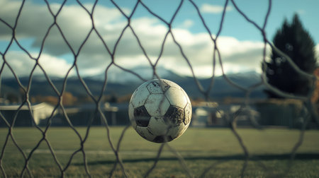 A soccer ball makes contact with the net, capturing a thrilling moment on the field. The vibrant background showcases mountains and a bright sky, enhancing the energy of the game.の素材