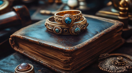 A collection of exquisite vintage jewelry rings made of gold, placed artistically atop a weathered leather-bound book, creating a stunning fusion of elegance and nostalgia.の素材