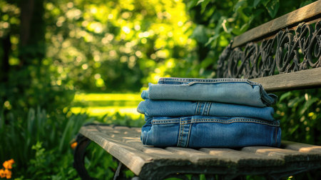 A cozy image displaying carefully stacked denim jeans on a classic wooden bench in a tranquil garden, surrounded by vibrant greenery and gentle sunlight, ideal for fashion or lifestyle themes.の素材