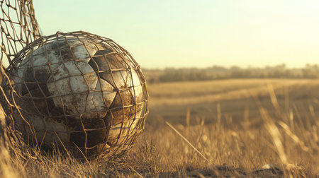 A nostalgic scene featuring a weather-beaten soccer ball nestled in a goal net, surrounded by golden grass, capturing the essence of sport and nature at twilight.の素材