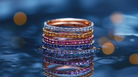 Colorful rings with sparkling gems rest on a serene water surface, creating a mesmerizing reflection. Perfect for showcasing elegance and unique jewelry design in any creative project.の素材