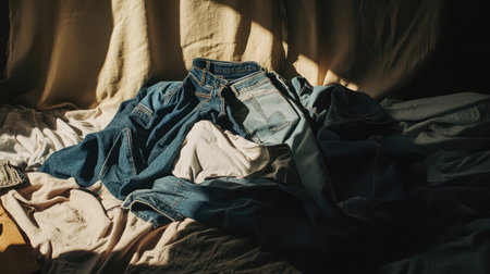 A casual arrangement of blue jeans and a white shirt on a bed, enhanced by gentle sunlight creating a warm, cozy atmosphere perfect for fashion-inspired themes.の素材