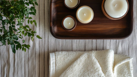 Elegant arrangement featuring scented candles on a wooden tray, surrounded by lush foliage, creating a serene atmosphere ideal for relaxation or home decor inspiration.の素材