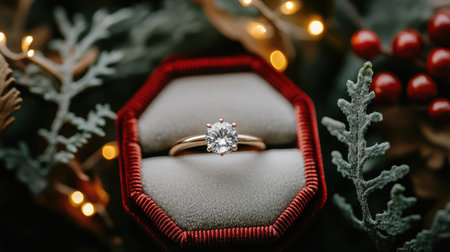 An exquisite engagement ring featuring a brilliant diamond centerpiece sits elegantly on a soft cushion amidst vibrant greenery and twinkling lights, creating a warm and romantic atmosphere.の素材