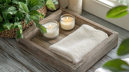 This image showcases a charming bathroom arrangement with soft towels and elegant candles on a rustic tray, surrounded by lush greenery, creating a serene and inviting atmosphere.の素材
