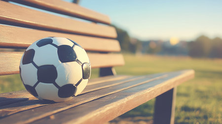 A soccer ball is positioned on a wooden bench in a serene park during golden hour, capturing the essence of outdoor sports and leisure activities in a tranquil setting.の素材