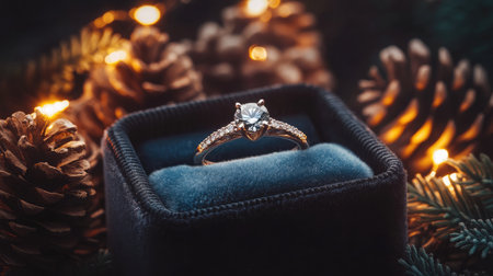 Captivating engagement ring nestled in a luxurious velvet box, surrounded by pine cones and twinkling lights, creating a romantic and festive atmosphere perfect for holiday proposals.の素材