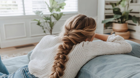 A young woman lounges comfortably on a couch, showcasing her beautiful long braid, surrounded by greenery and bathed in soft natural light for a peaceful vibe.の素材