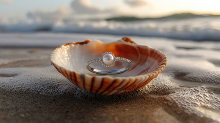 A stunning pearl ring rests gracefully in a seashell on the sand, with gentle waves in the background and a soft sunset cast, evoking a sense of tranquility and beauty.の素材