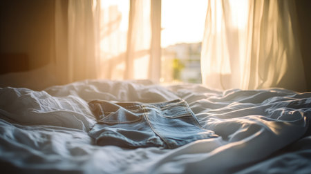 A serene bedroom scene featuring denim shorts laid on an unmade bed, illuminated by warm morning light streaming through sheer curtains, creating a cozy atmosphere.の素材