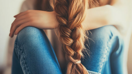A captivating close-up image featuring a young woman's braided hair. The intricate details and natural color highlight the beauty and elegance of casual hairstyles.の素材