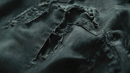 Detailed close-up of distressed dark denim fabric showing rips and tears, highlighting the textures and patterns that define modern fashion and clothing design.の素材