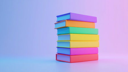 A stack of vibrant books in various colors arranged against a soft gradient background, perfect for depicting creativity and the love of reading in educational contexts.の素材