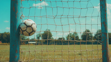 A vibrant soccer ball is caught in the net of a goal amid a sunny blue sky, evoking the spirit of outdoor sports and the joy of summer play in open fields.の素材